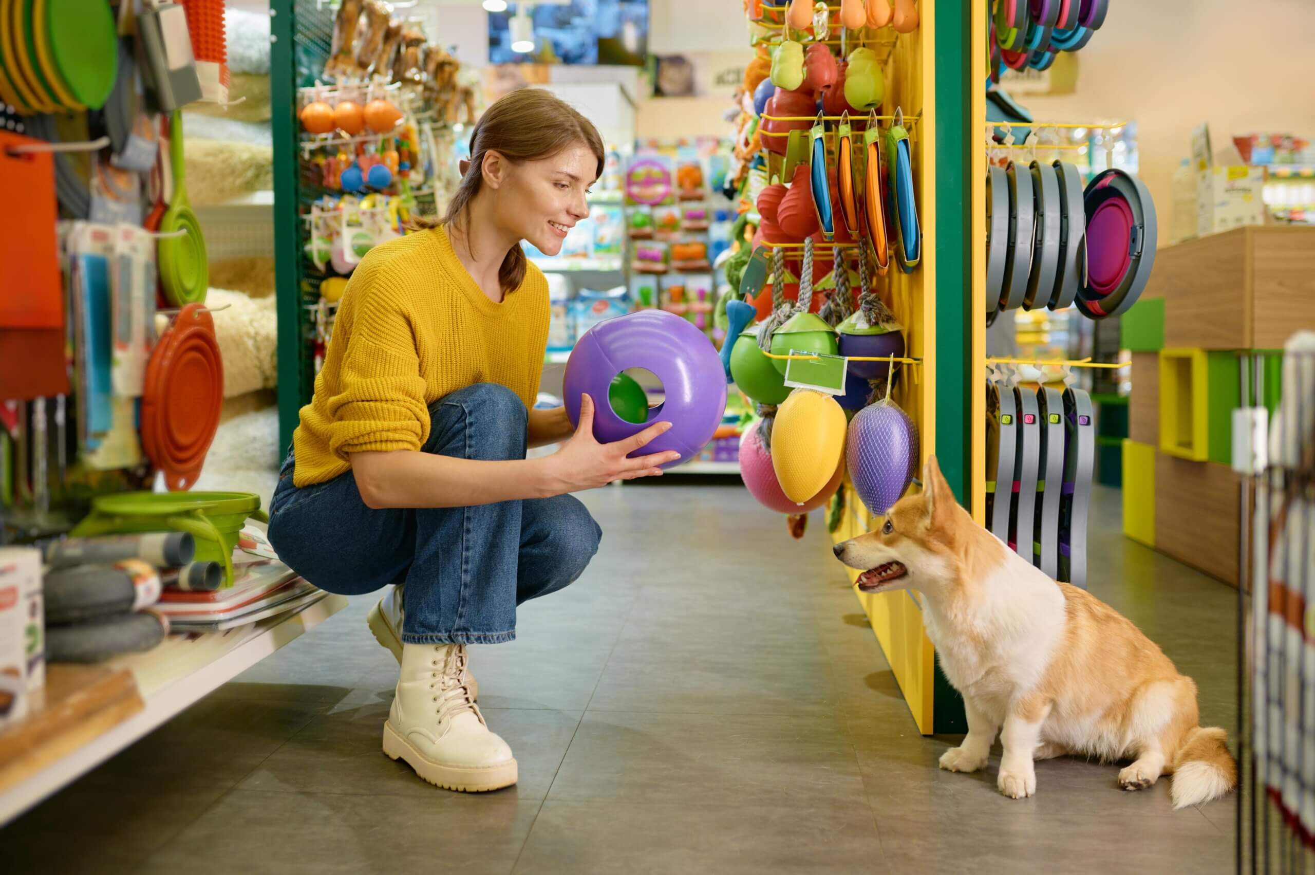 A woman giving toys to a dog, showcasing a moment of connection and care between them.