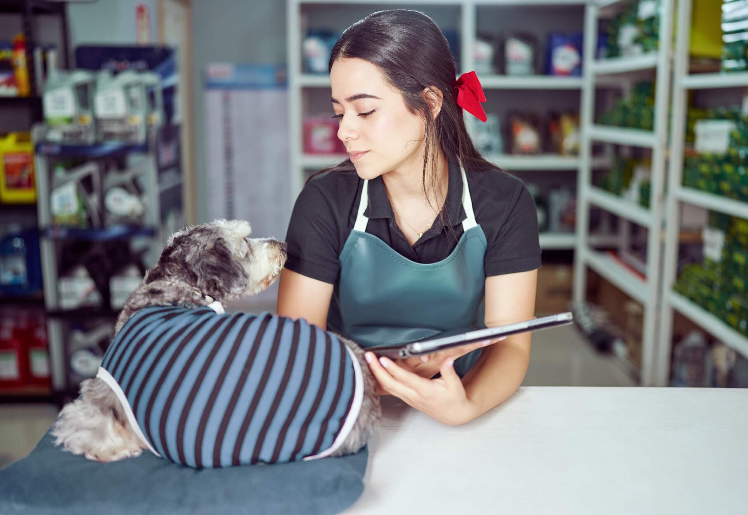 A woman in a pet care store wearing a green apron and a red hair bow is holding a tablet while interacting with a small dog dressed in a striped outfit. Shelves of pet supplies are visible in the background