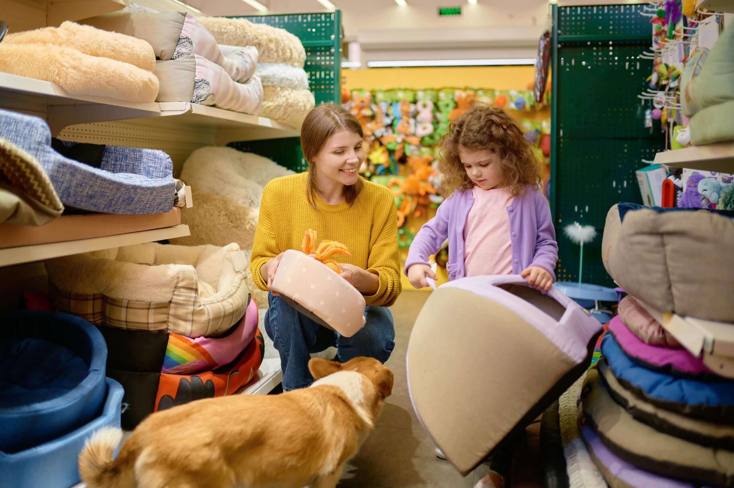 A woman and a girl examine various dog beds in a pet store, showcasing their interest in pet care and comfort