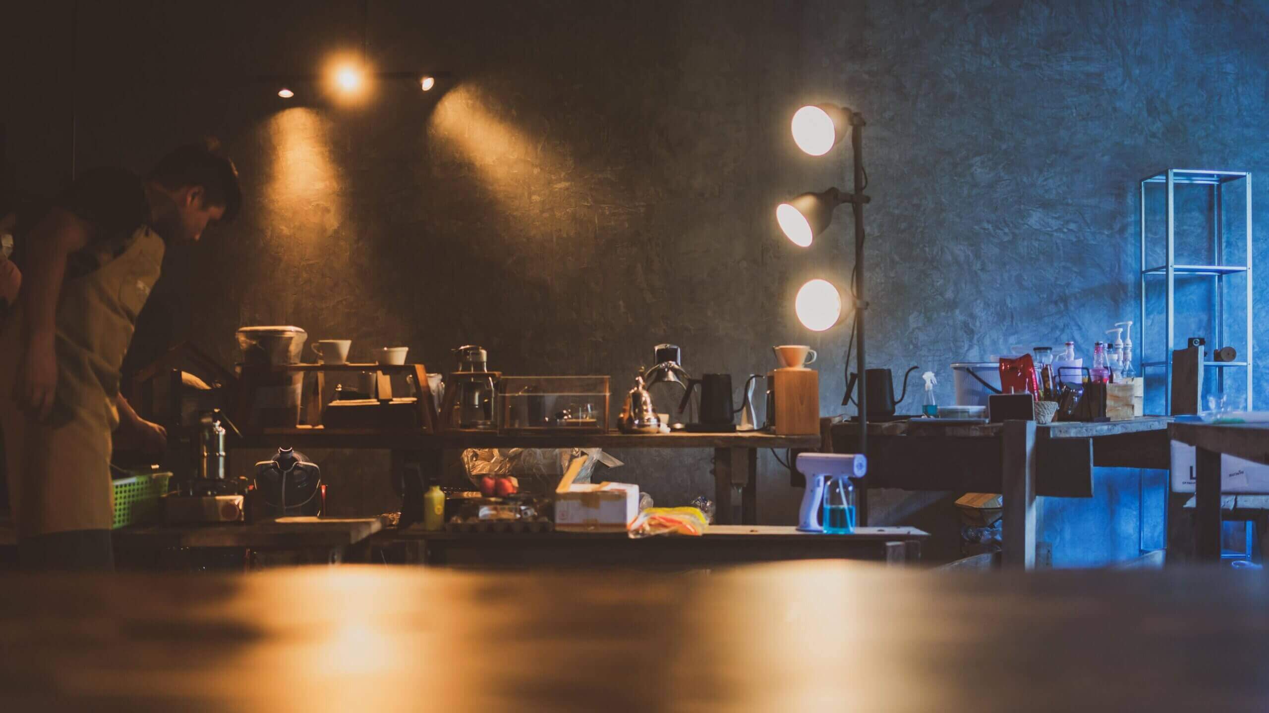 Close-up of espresso machines and other equipment in a coffee shop, ready for use